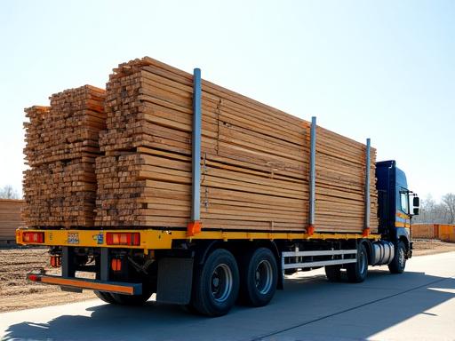 A flatbed truck loaded with lumber and construction materials